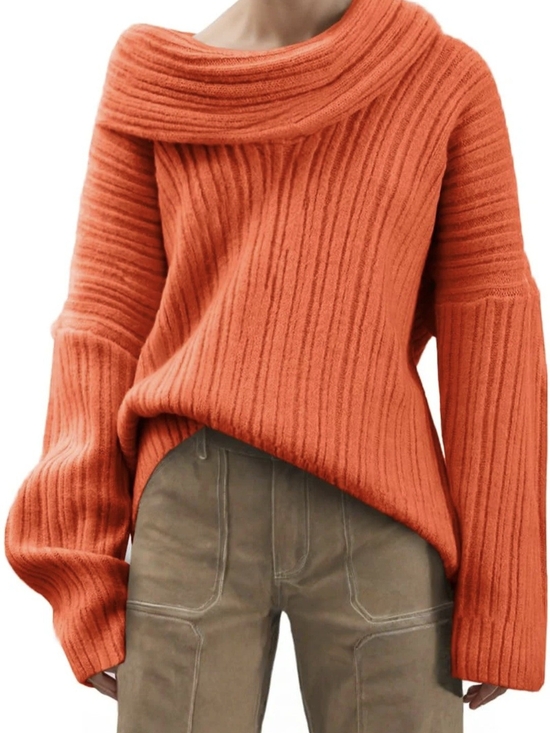 UNCLECAT Sweaters - Ribbed Off-Shoulder Cowl Neck Sweater - Orange #1305